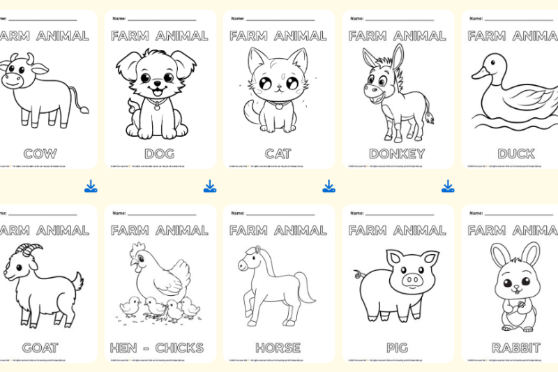 Farm animal coloring with name worksheet