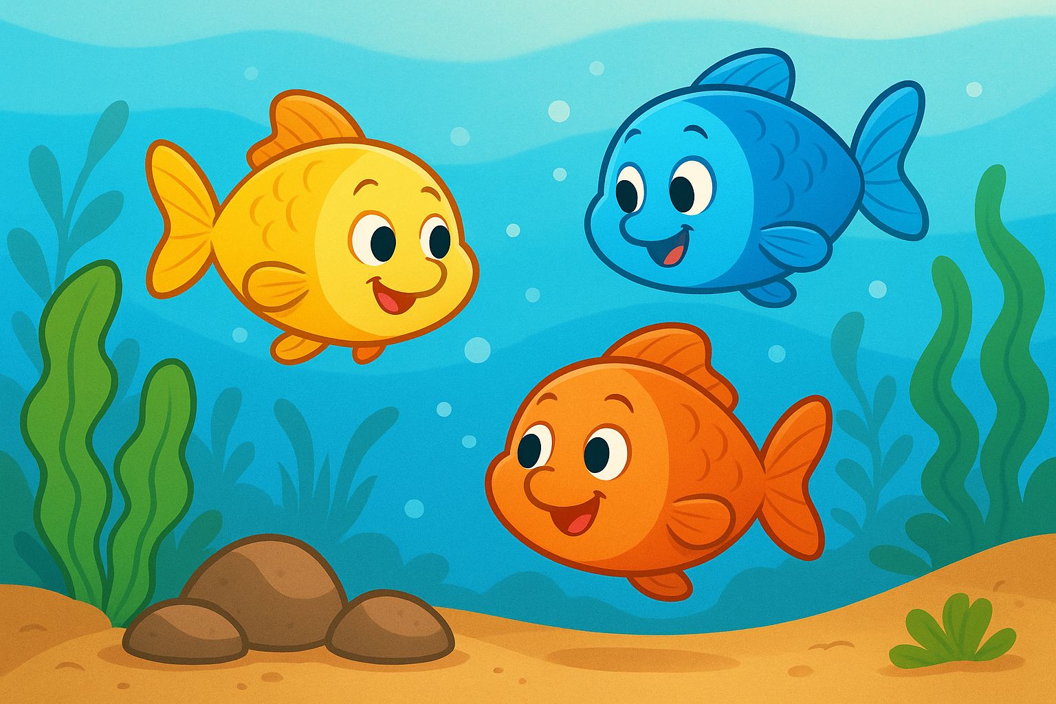 Little Fishes Story for Kids - Three little fishes swimming happily in a bright blue pond