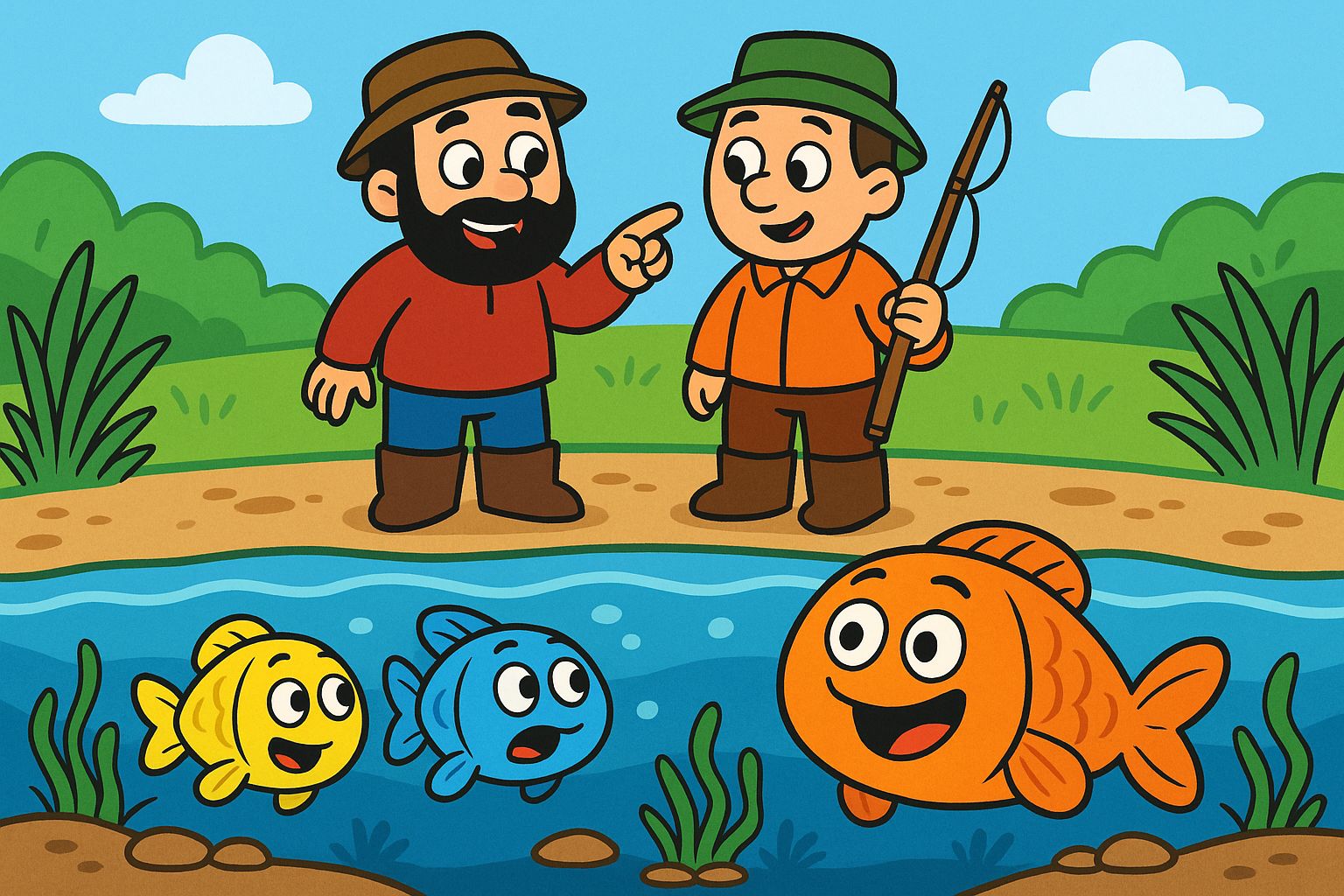 Little Fishes Story for Kids - Fishermen walking near the pond planning to catch fish
