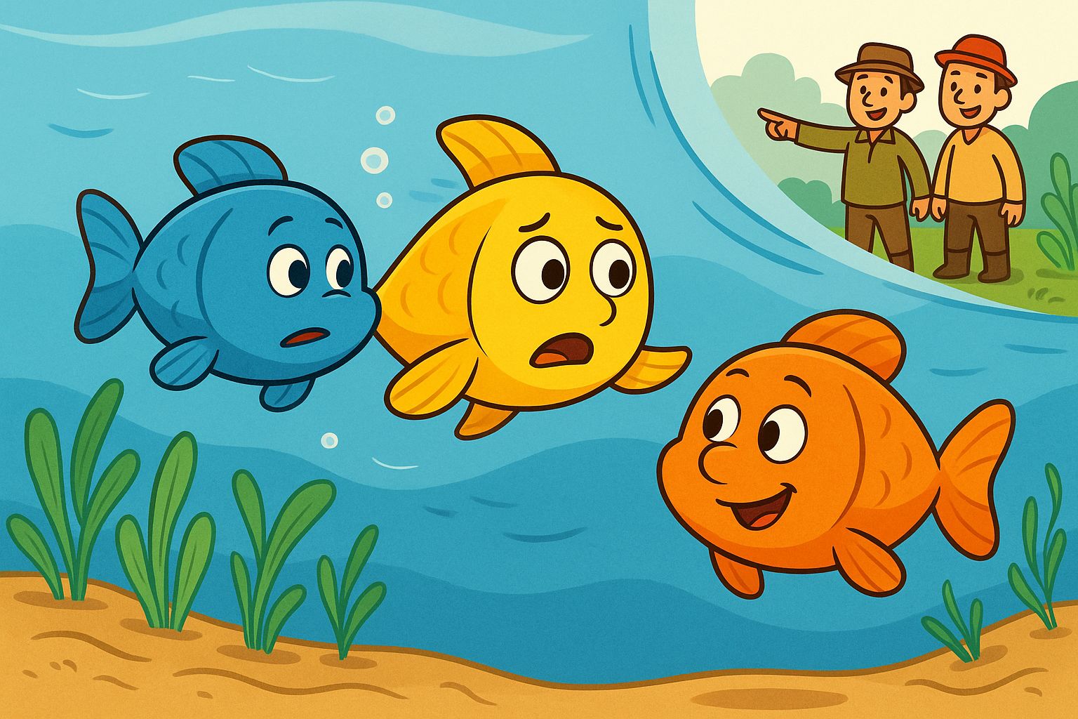 Little Fishes Story for Kids - Sunny the yellow fish warning the others