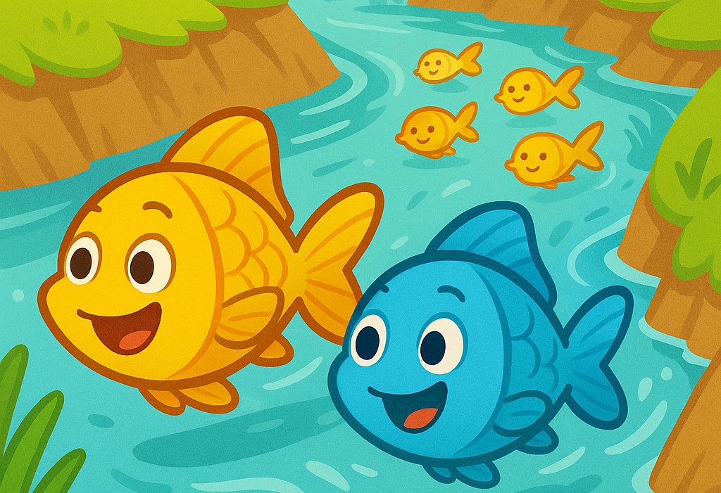Little Fishes Story for Kids - Bubbles the blue fish following Sunny to the safer pond