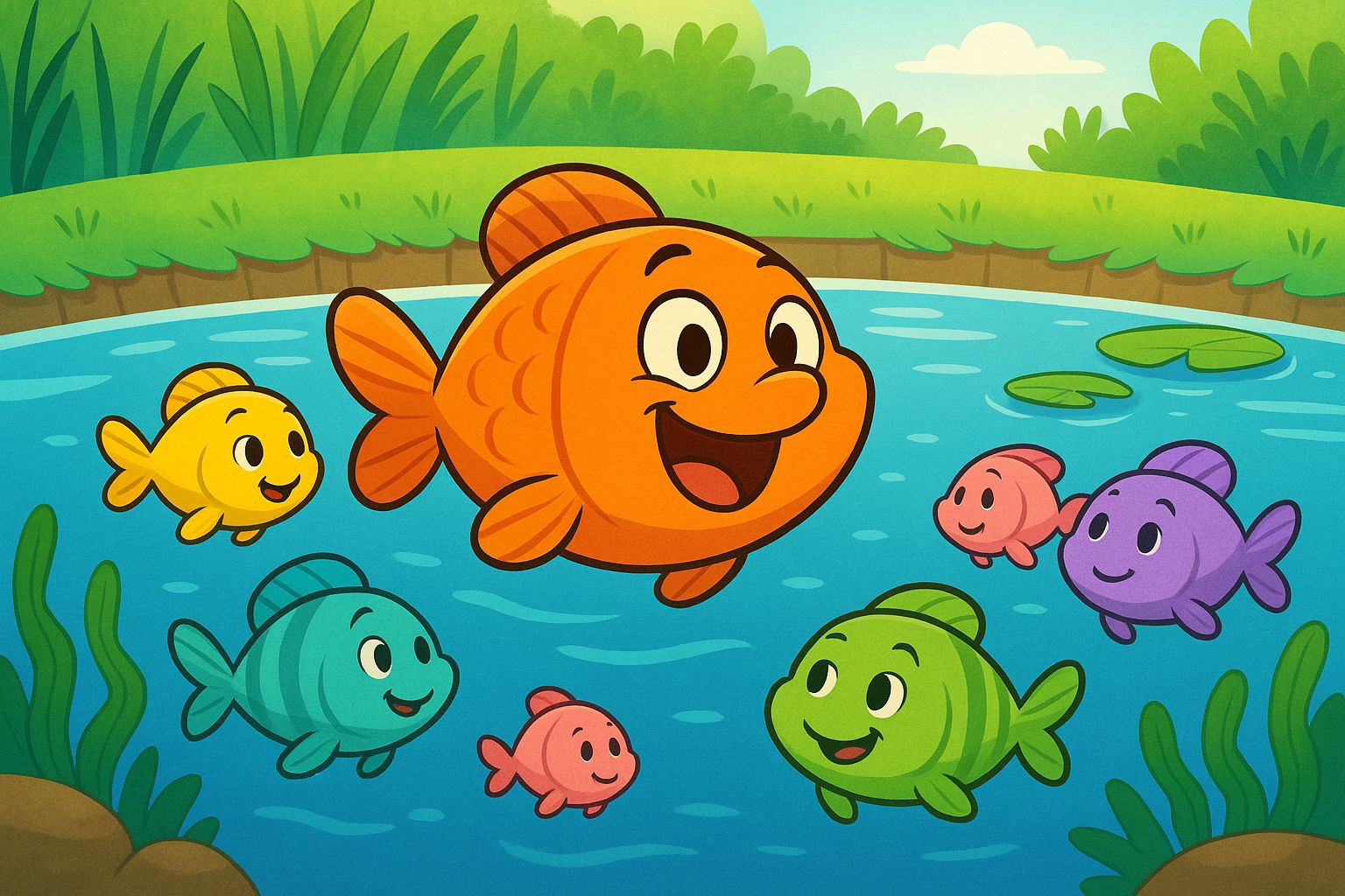 Little Fishes Story for Kids - Goldie the orange fish laughing and staying in the old pond