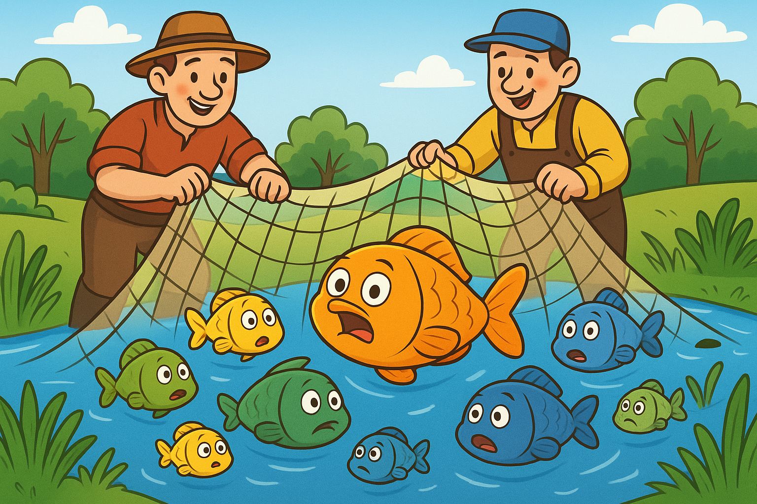 Little Fishes Story for Kids - Fishermen throwing big nets into the pond