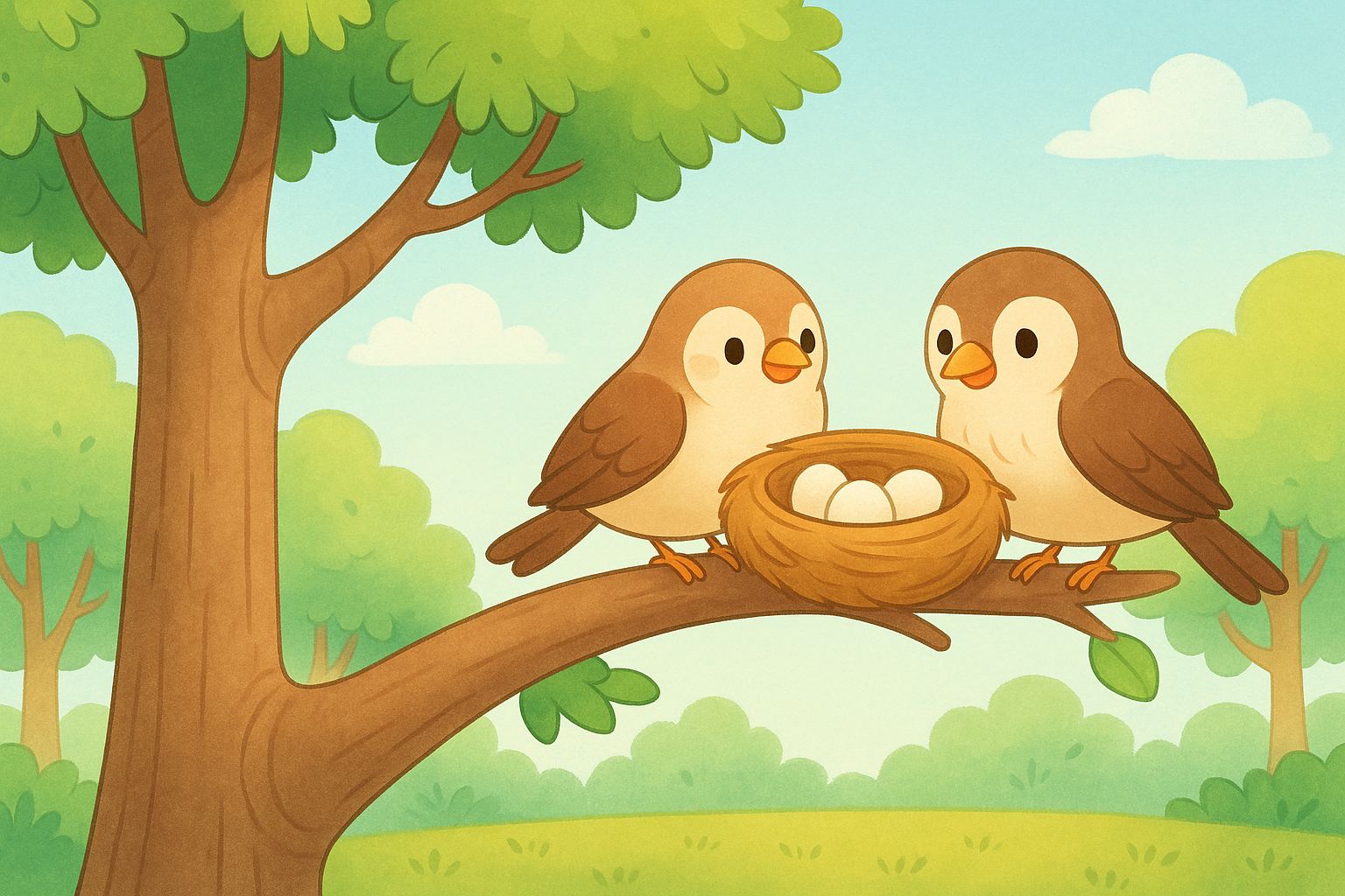 Elephant and Sparrows cover illustration - forest with sparrows on nest