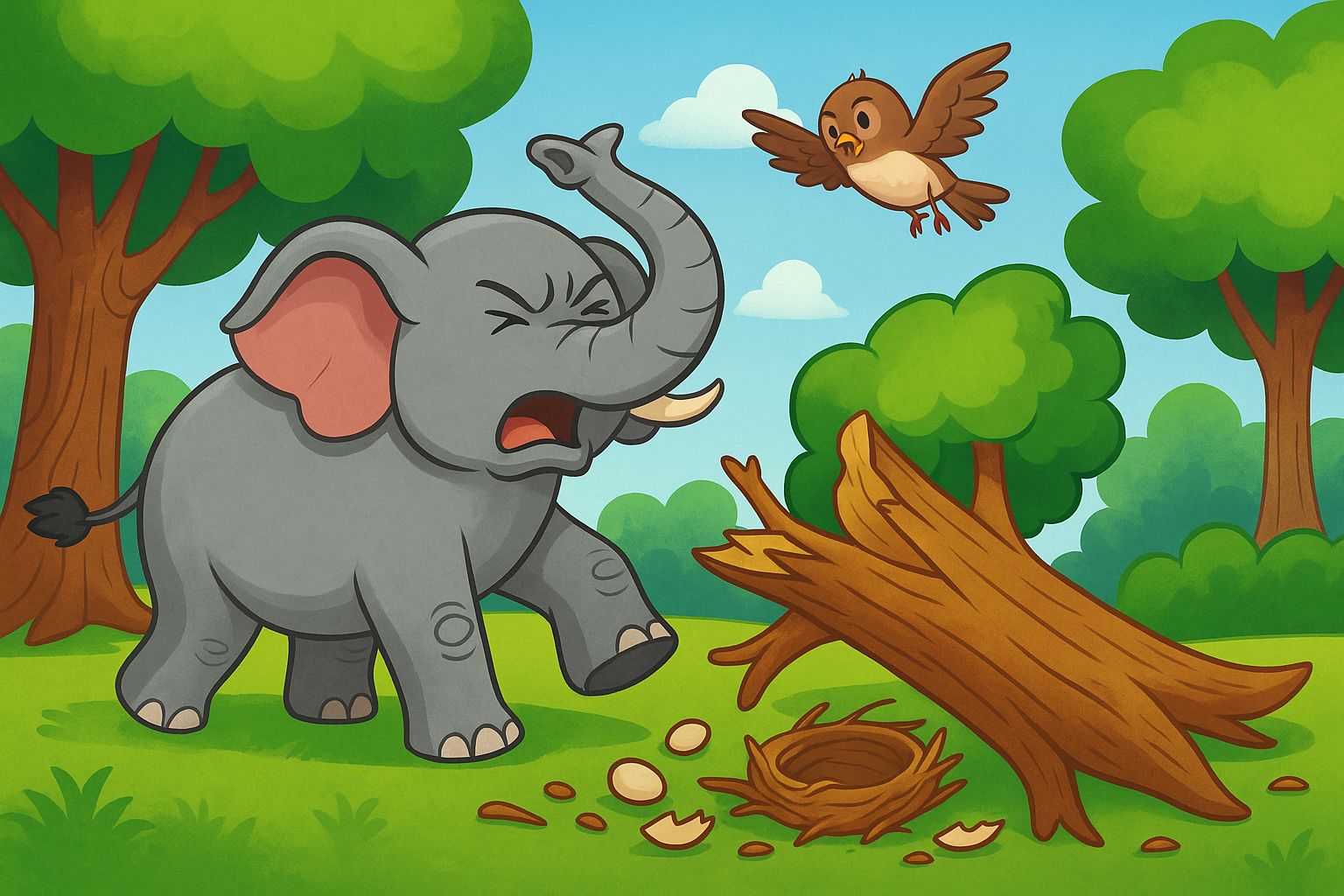 Elephant and Sparrows cover illustration - forest with sparrows on nest