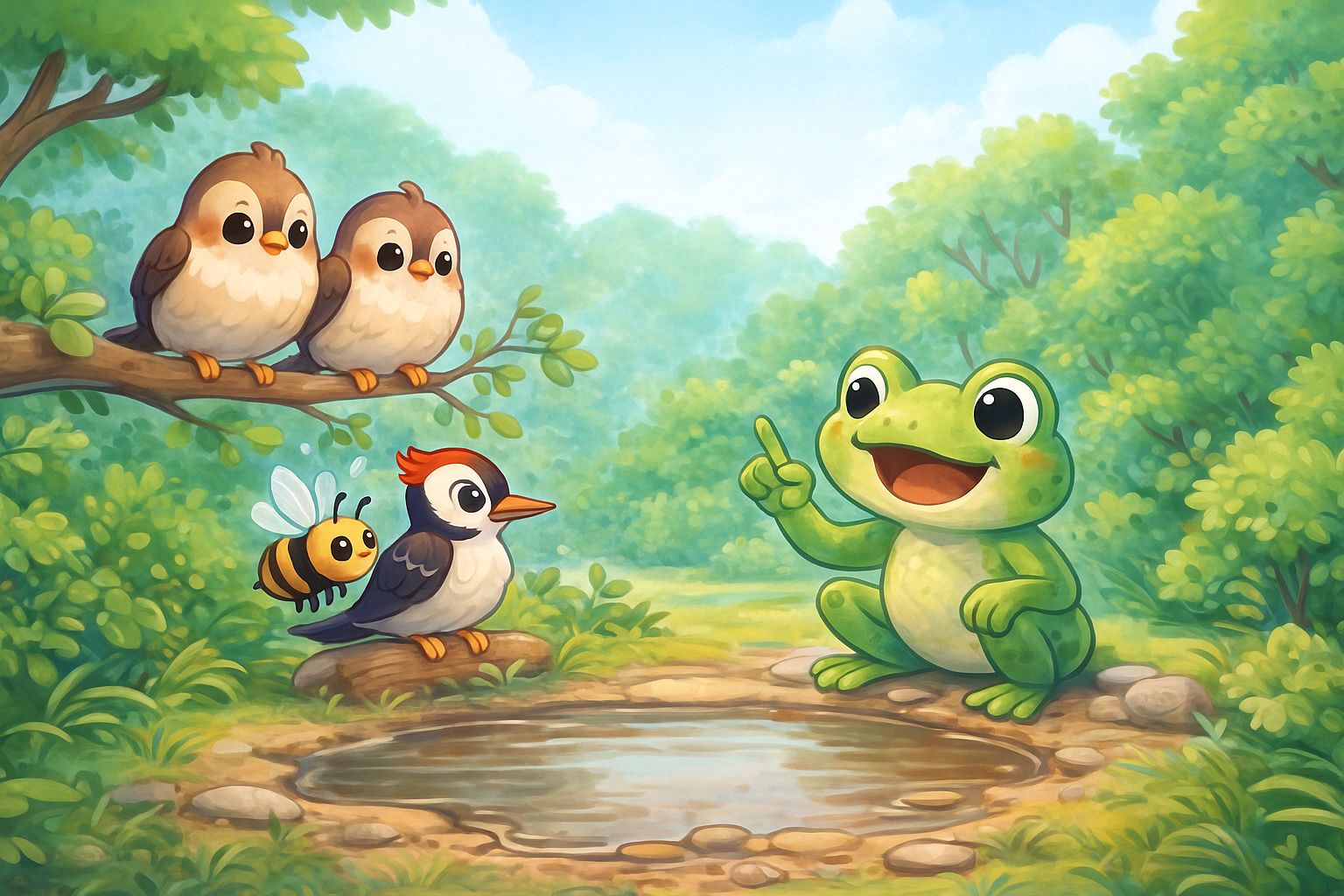 Woodpecker comforting the sad sparrow