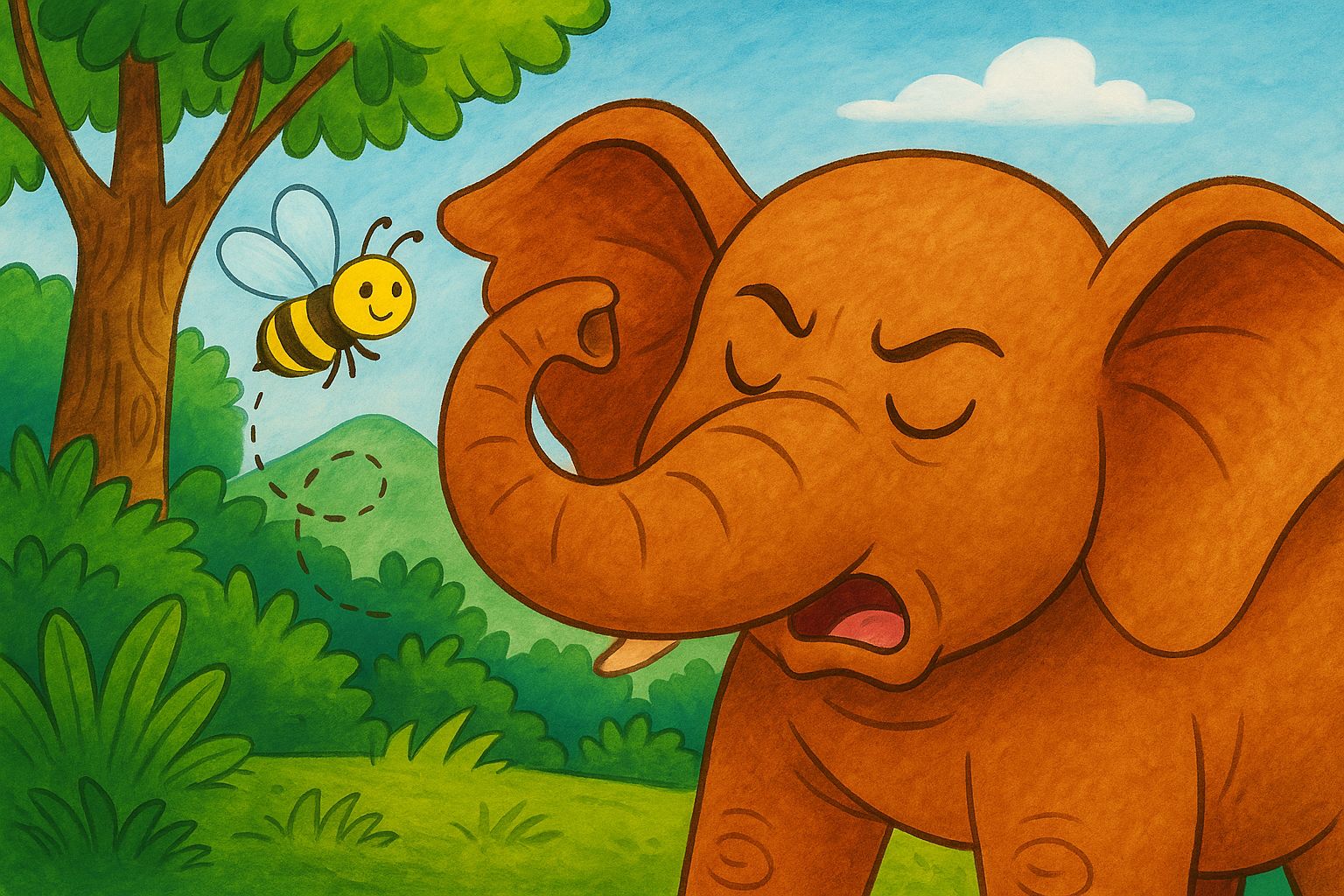 Wise frog thinking out a plan with the friends