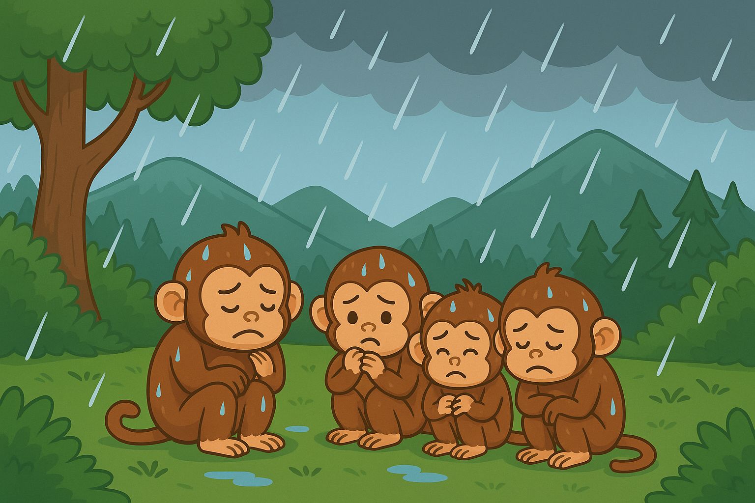Little Bird Story for Kids - Monkeys shivering in the rain illustration