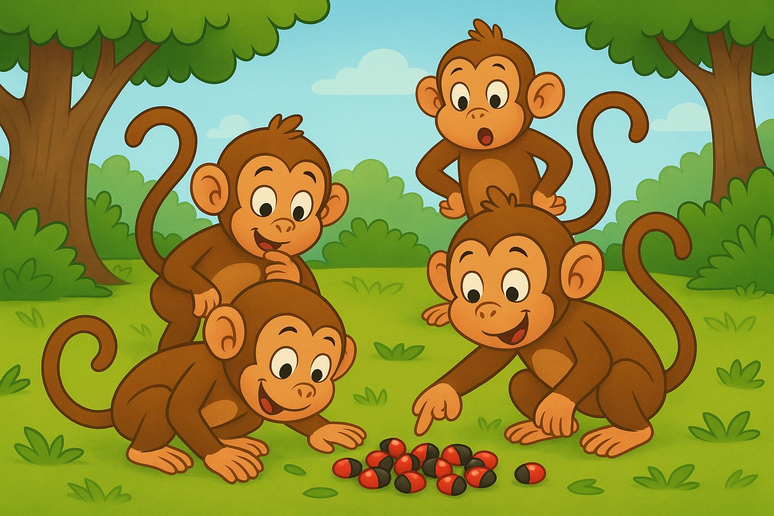 Little Bird Story for Kids - Monkeys discovering shiny gunja seeds