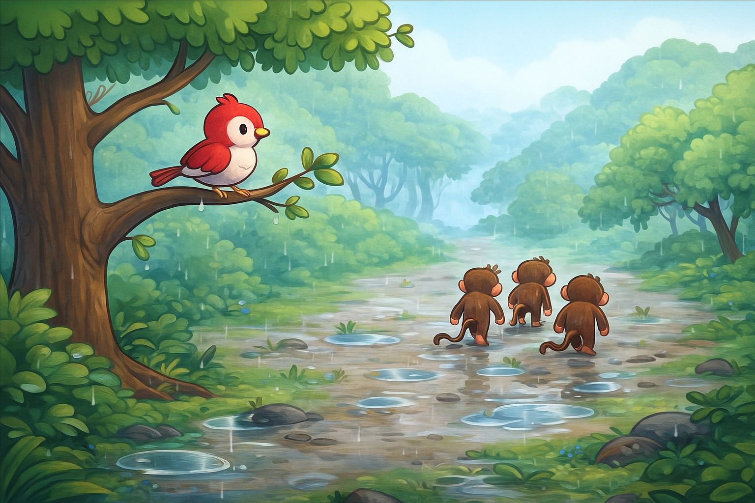 Little Bird Story for Kids - Monkeys walking away in rain after failing to make fire