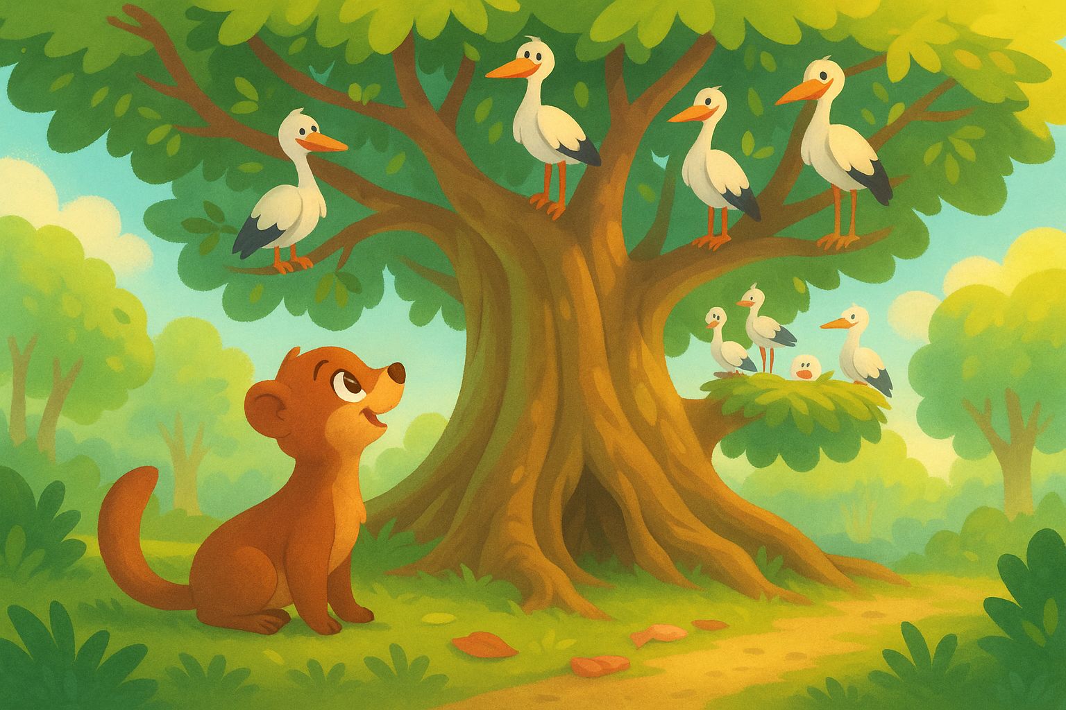 Storks frightened on the tree