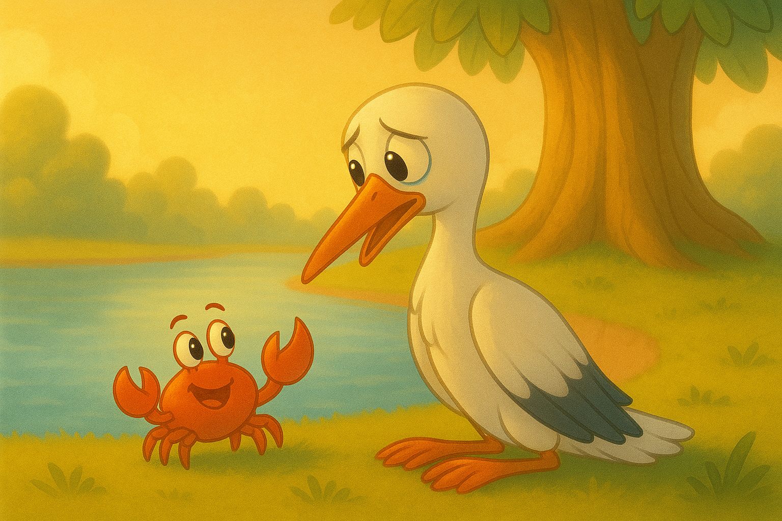 Stork dropping food pieces as a trail